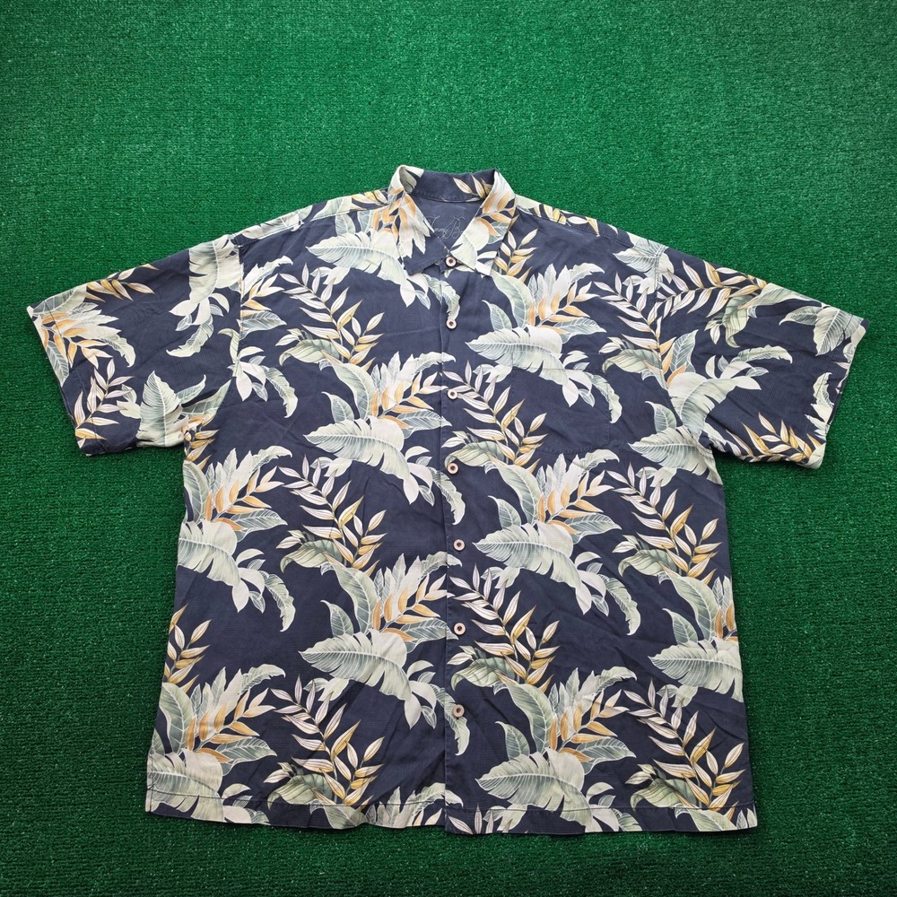 Tommy Bahama‎ Hawaiian Shirt Mens 2XL Floral Leaf Tropical 100% Silk Beach Camp